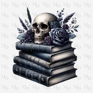 May include: A white skull with a black eye socket and a black mouth sits on top of a stack of five blue books. The skull is surrounded by purple and blue flowers.