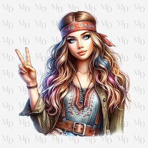 Peace Sign Hippie Girl PNG, Clipart, Instant Download, Hippie design, Digital Download, Sublimation
