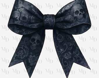 May include: A black bow with a skull and floral pattern. The bow is made of a soft, velvety material and has a slightly distressed look.
