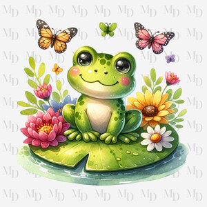 Sapo fofo com nenúfar PNG, Clipart, Download instantâneo, Borboletas, Lírios, 300Dpi, Sublimação, Design de sapo fofo, Sapo verde