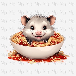 Lustige PNG, Opossum Design, Opossum sitzt in einer Schüssel Spaghettis, Sofort Download, Sublimation, Clipart, Tier, Pasta