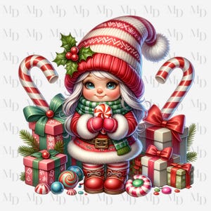 Kerstkaboutermeisje png, snoep en cadeaus om haar heen, meisje, instant download, digitaal, kerstontwerp, kabouters