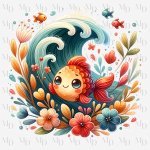Lindos peces y olas PNG, imágenes prediseñadas de playa, descarga instantánea, digital, 300 DPI, diseño de bebé, diseño de sublimación, flor, pez, diseño de guardería