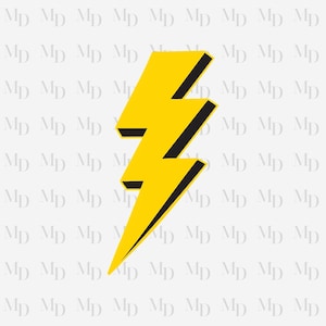 May include: A yellow lightning bolt graphic with black trim, set against a light gray background with a repeating pattern of the letters "MD". The bolt is a bold, stylized design.