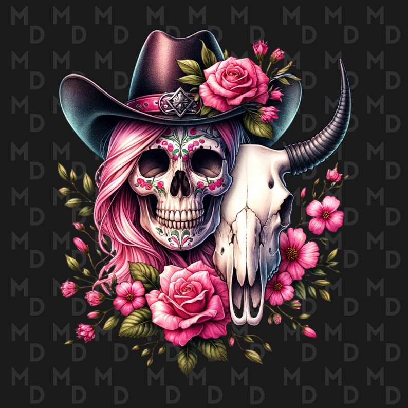 May include: A pink and white sugar skull wearing a black cowboy hat with pink flowers and a cow skull. The skull has a floral design on its face.