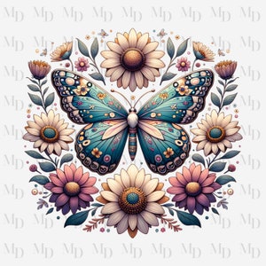 Boho Butterfly Flower PNG, Butterfly clipart, Instant Download, Digital, 300 DPI, Boho Design, Sublimation design, Flowers, Butterflies