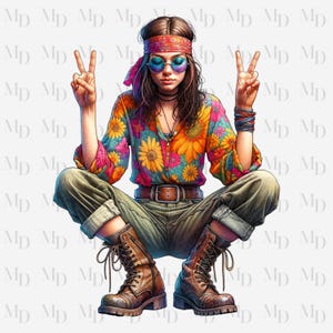 Peace Sign Hippie Girl PNG, Clipart, Instant Download, Hippie design, Digital Download, Sublimation