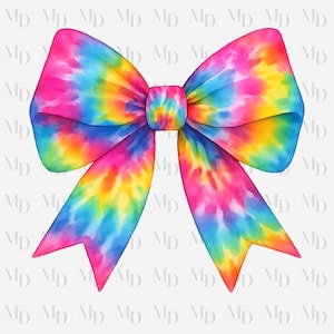 May include: A large, colorful tie-dye bow with pink, blue, yellow, and orange swirls. The bow is tied in a classic shape with the ends of the ribbon flowing down.