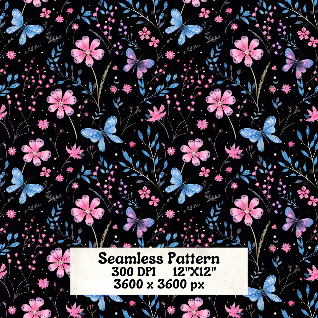 Butterfly and Flower Seamless Pattern, PNG. 300 DPI, 3600x3600, 12