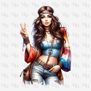 Peace Sign Hippie Girl PNG, Clipart, Instant Download, Hippie design, Digital Download, Sublimation