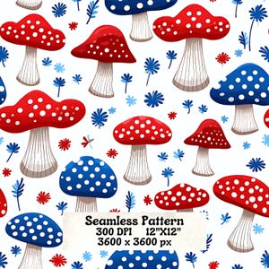 Padrão sem emenda de cogumelo vermelho, branco e azul, PNG, download instantâneo, padrão patriótico, 300 Dpi, 12x12, 3600x3600
