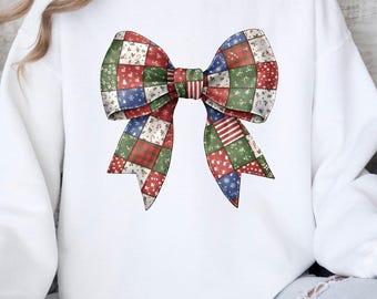 Christmas Patchwork Big Bow PNG, Digital Download, Sublimation, Clipart, Coquette Design, Festive Holiday Bow