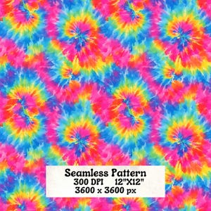 Pode incluir: Um padrão tie-dye vibrante e sem costura com um design em espiral. O padrão apresenta uma mistura de cores brilhantes, incluindo rosa, amarelo, azul e laranja. A imagem inclui o texto "Seamless Pattern 300 DPI 12"X12" 3600 x 3600 px".
