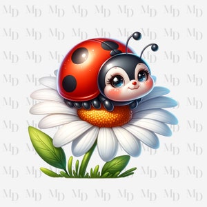 Carina coccinella su Daisy PNG, clipart coccinella, download istantaneo, digitale, 300 DPI, design coccinella, design sublimazione, fiore