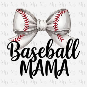 Puede incluir: Un lazo blanco con costuras de béisbol rojas y las palabras "Baseball MAMA" en escritura negra. El diseño está sobre un fondo gris claro con un patrón "MD" repetido.