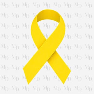 May include: A bright yellow awareness ribbon, a symbol of support and solidarity, is displayed against a light gray background with repeating "MD" text. The ribbon's looped design is prominent, conveying a message of hope and remembrance.