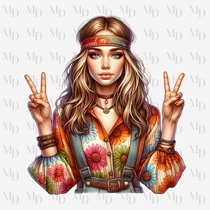Signe de la paix Hippie Girl PNG, Clipart, téléchargement immédiat, design hippie, téléchargement numérique, sublimation