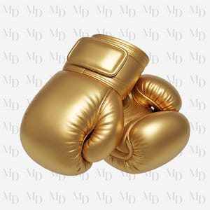 May include: A pair of gold boxing gloves. The gloves are made of a shiny, metallic material and are positioned as if ready for a match. The background is a repeating pattern of the letters "MD".