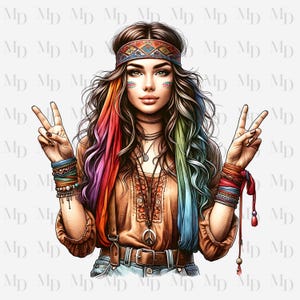 Ragazza hippie con simbolo della pace PNG, Clipart, Download istantaneo, Design hippie, Download digitale, Sublimazione