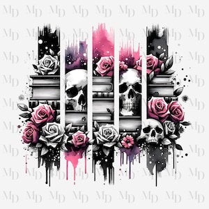 May include: A digital illustration of three skulls with stacks of books behind them. The skulls are surrounded by pink and white roses with black stems and leaves. The background is a watercolor wash of pink and black.