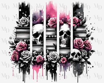 Floral Skulls and Books Brushstroke PNG, Sublimation, Clipart, Instant Download, Digital Download PNG, Goth Design, Watercolor