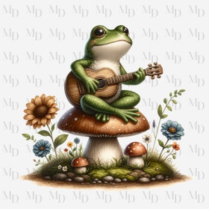 Paddenstoel kikker gitaar spelen PNG, kikker clipart, bloemen, natuur PNG, Instant Download, sublimatie, Cottagecore, kikker ontwerp