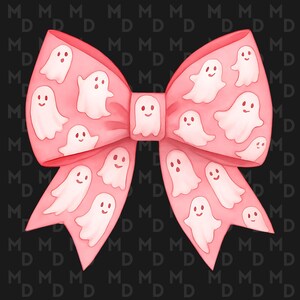 May include: A pink bow with a pattern of white cartoon ghosts. The bow is centered on a black background with a repeating pattern of the letters "M" and "D". The ghosts have smiling faces.