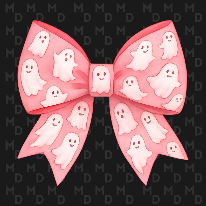 May include: A pink bow with a pattern of white cartoon ghosts. The bow is centered on a black background with a repeating pattern of the letters "M" and "D". The ghosts have smiling faces.