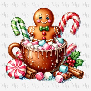May include: A brown ceramic mug filled with hot chocolate, topped with marshmallows and a gingerbread man. The mug is decorated with a red and white candy cane, green and white candy cane, and cinnamon sticks. There are also red and white peppermint candies, and white marshmallows scattered around the mug.