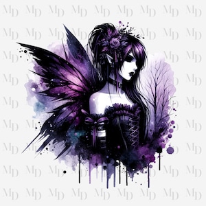 Hada morada y negra PNG, descarga instantánea, acuarela, sublimación, diseño de hadas