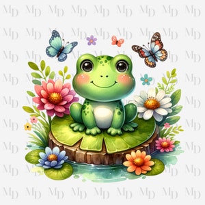 Sapo fofo com nenúfar PNG, Clipart, Download instantâneo, Borboletas, Lírios, 300Dpi, Sublimação, Design de sapo fofo, Sapo verde