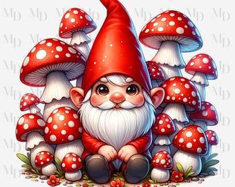Mushroom Gnome PNG, Instant Download, Digital, Sublimation, Red And White Mushrooms, Gnome