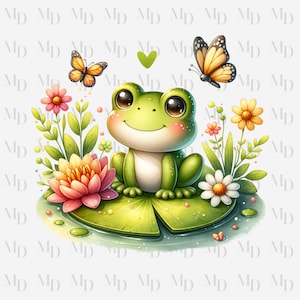 Sapo fofo com nenúfar PNG, Clipart, Download instantâneo, Borboletas, Lírios, 300Dpi, Sublimação, Design de sapo fofo, Sapo verde