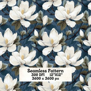 Magnolia op blauw naadloos patroon, direct downloaden, 300 dpi, 3600 x 3600, digitaal papier, 12 x 12, bloemenpatroon, bloemenpatroon, png