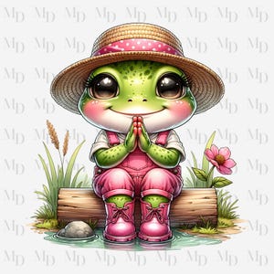 Mignonne grenouille en prière PNG, téléchargement immédiat des cliparts grenouille fille, sublimation, conception de grenouille, aquarelle, scène d'étang, rose