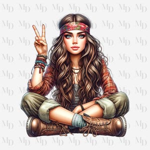 Peace Sign Hippie Girl PNG, Clipart, Instant Download, Hippie design, Digital Download, Sublimation