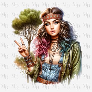 Signe de la paix Hippie Girl PNG, Clipart, téléchargement immédiat, design hippie, téléchargement numérique, sublimation