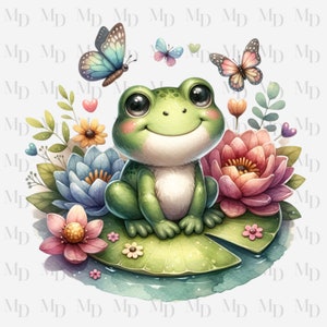 Sapo fofo com nenúfar PNG, Clipart, Download instantâneo, Borboletas, Lírios, 300Dpi, Sublimação, Design de sapo fofo, Sapo verde