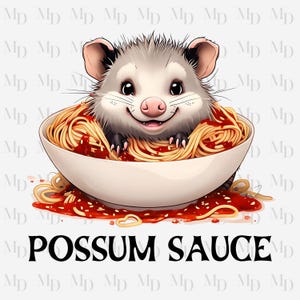 Lustige PNG, Possum Sauce, Opossum sitzt in einer Schüssel Spaghettis, Instant Download, Sublimation, Clipart, Tier, Pasta