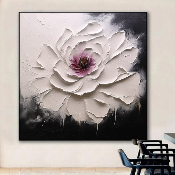 Large 3D white flower canvas oil painting, original 3D heavy texture purple and white flowers, exquisite living room decoration art