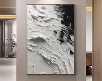 Peinture à l’huile abstraite à texture épaisse noir et blanc, art mural 3D noir et blanc, grand art mural, décoration abstraite texturée encadrée