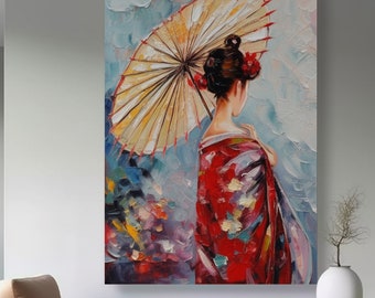 Geisha holding an umbrella | Authentic Japanese female art | Abstract simple handmade oil painting | 100% handmade | Perfect home decoration