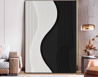 Abstract Black And White Thick Textured Oil Painting,3D White Textured Wall Art,Framed Black White Minimalist Textured Abstract Painting