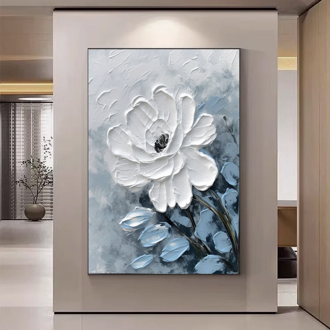 Large White Flower Oil Painting on Canvas, Blue Original Flower Oil ...