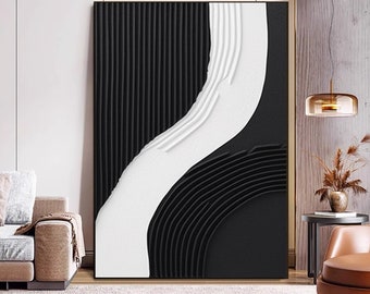 3D white texture wall art, large black and white abstract painting, modern oil painting abstract canvas art  white wall art, home decoration