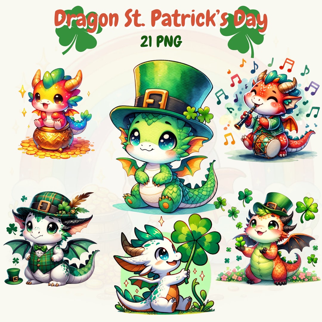 Watercolor St. Patrick's Day Dragon Clipart Festive Dragon PNG, Fantasy