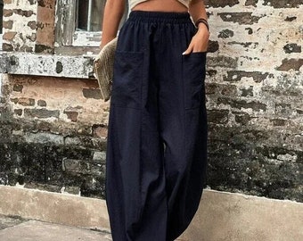 Boho Chic Summer Elastic Waist Pants - Customizable Plus Size, Casual Loose Fit, Soft Cotton and Linen Blend, Wide Leg Trousers