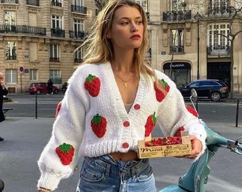 Manteau droit en maille fraise à manches longues | Cardigan élégant à la mode d'automne | Veste-pull ample de haute qualité