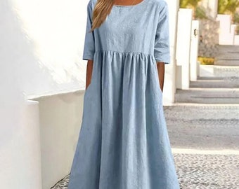 Boho Chic: Vestido de lino de cintura alta para mujer con bolsillos -Ropa informal para estar en casa - 100% lino - Corte holgado largo - Comodidad elegante