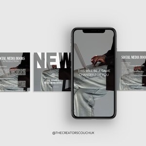 May include: A phone screen displaying a person typing on a laptop with the text "This will be a game changer for you" and the text "NEW" with the text "One Hundred Social Media Hooks" below it. The text "@thecreatorscouchuk" is at the bottom of the screen.